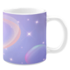 White ceramic 11oz mug featuring a celestial design with a soft purple background, glowing stars, abstract pastel-colored planets, and faint, shimmering orbital rings.