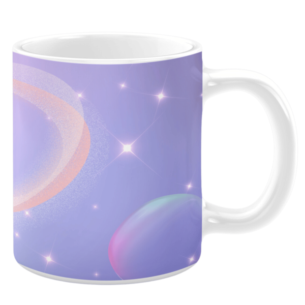 White ceramic 11oz mug featuring a celestial design with a soft purple background, glowing stars, abstract pastel-colored planets, and faint, shimmering orbital rings.