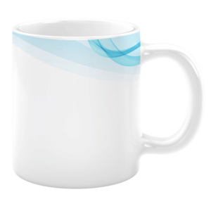 White ceramic 11oz mug with a minimal design featuring light blue curved lines across the upper rim.