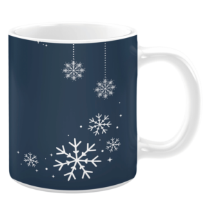 White ceramic 11oz mug with a dark blue background featuring white snowflakes of various sizes and dotted lines creating a winter theme.