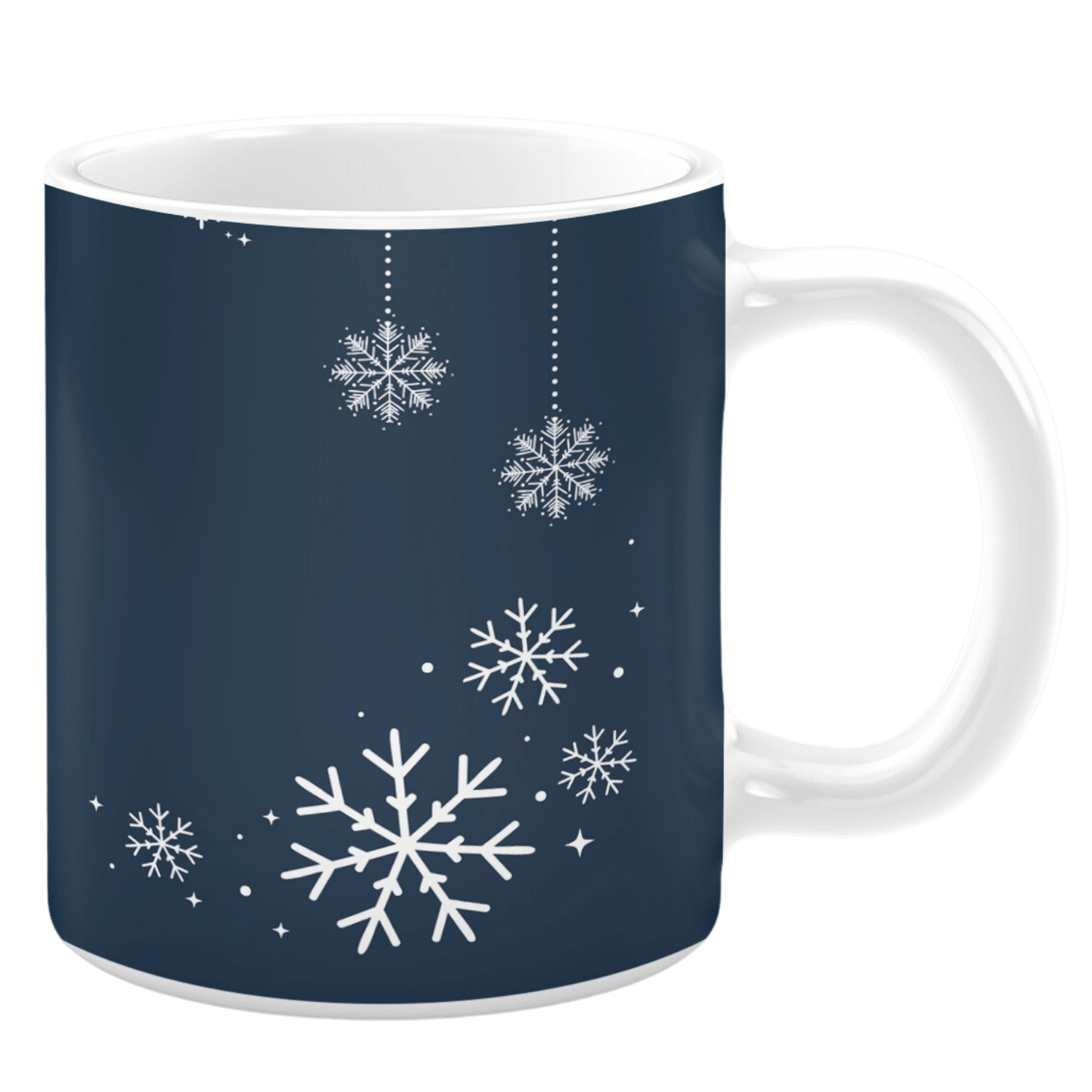 White ceramic 11oz mug with a dark blue background featuring white snowflakes of various sizes and dotted lines creating a winter theme.
