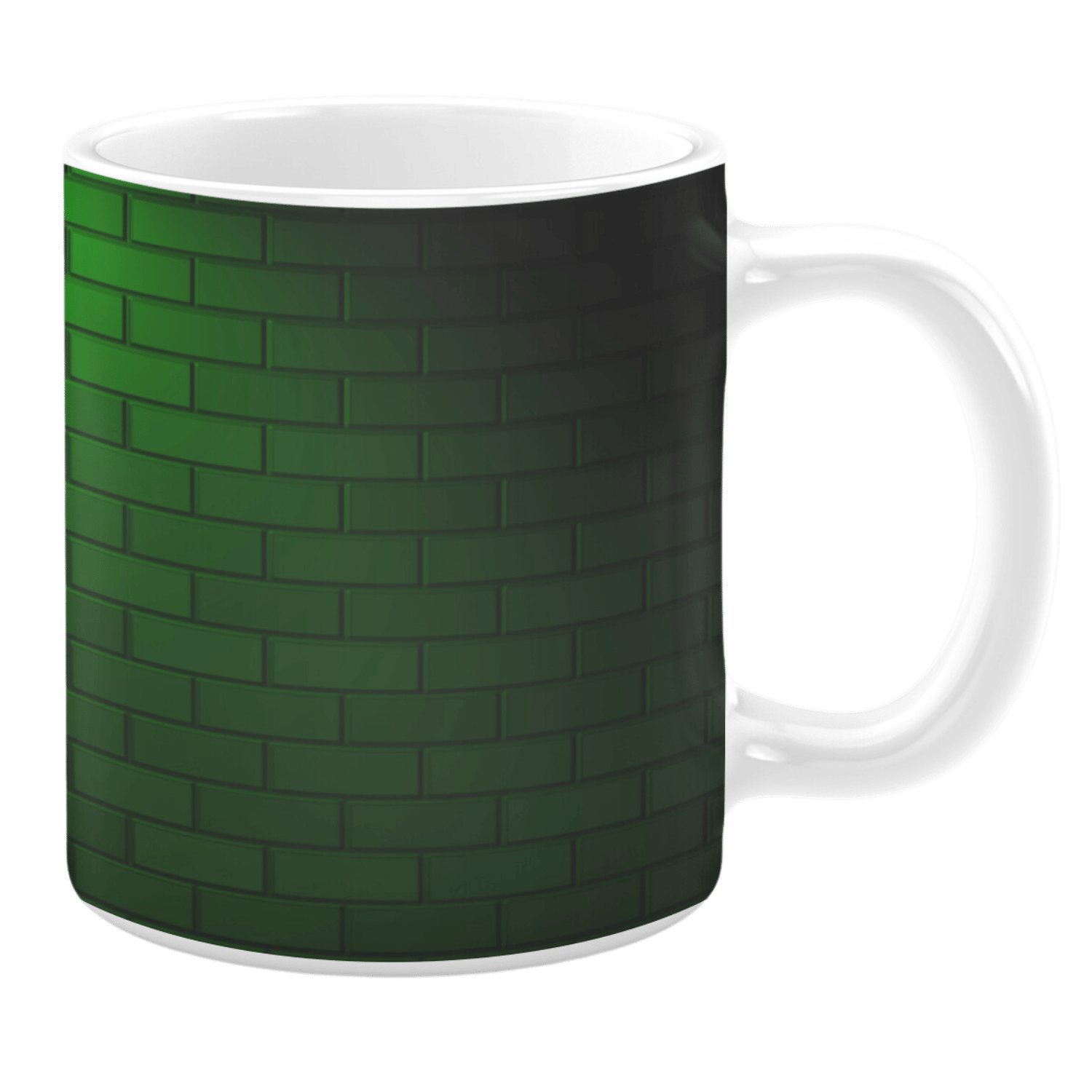 White 11oz ceramic mug featuring a dark green brick wall pattern, creating a bold and textured appearance.