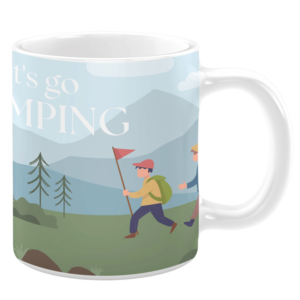 White ceramic 11oz mug featuring an outdoor camping-themed design with hikers carrying backpacks and a red flag, walking through a scenic landscape of rolling green hills and blue mountains, accompanied by the text 