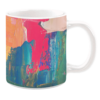 White 11oz ceramic mug featuring a bold abstract design with vibrant brushstrokes in pink, blue, green, and yellow, creating a dynamic and artistic look.