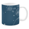 White 11oz ceramic mug featuring a festive design with a deep blue background, white snowflakes, hanging ornaments, and stars, creating a classic winter holiday theme.
