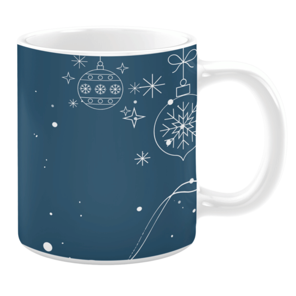 White 11oz ceramic mug featuring a festive design with a deep blue background, white snowflakes, hanging ornaments, and stars, creating a classic winter holiday theme.