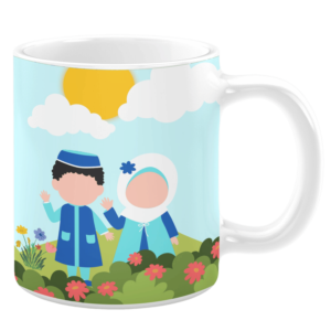 White ceramic 11oz mug featuring a cheerful illustration of two children in traditional attire, standing in a colorful garden with flowers, under a bright yellow sun and fluffy white clouds, set against a soft blue sky.