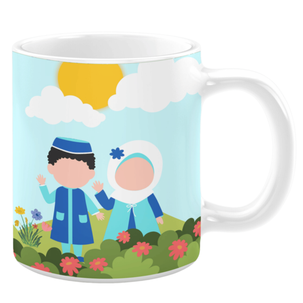 White ceramic 11oz mug featuring a cheerful illustration of two children in traditional attire, standing in a colorful garden with flowers, under a bright yellow sun and fluffy white clouds, set against a soft blue sky.