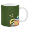 White ceramic 11oz mug featuring a green background with a subtle grid pattern, decorated with school supplies like a calculator, protractor, ruler, and compass, along with playful doodle stars, creating an educational and creative design.