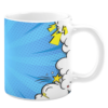 White ceramic 11oz mug featuring a dynamic comic book-style design with a blue halftone background, bold lightning bolts, stars, and puffy clouds, evoking a playful and action-packed vibe.
