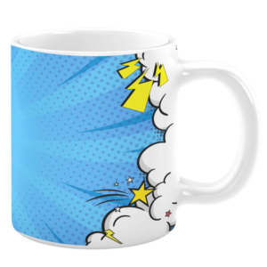 White ceramic 11oz mug featuring a dynamic comic book-style design with a blue halftone background, bold lightning bolts, stars, and puffy clouds, evoking a playful and action-packed vibe.