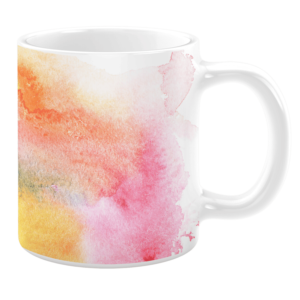 White 11oz ceramic mug featuring a vibrant watercolor design with shades of orange, pink, yellow, and subtle purple, creating a bold and artistic look.