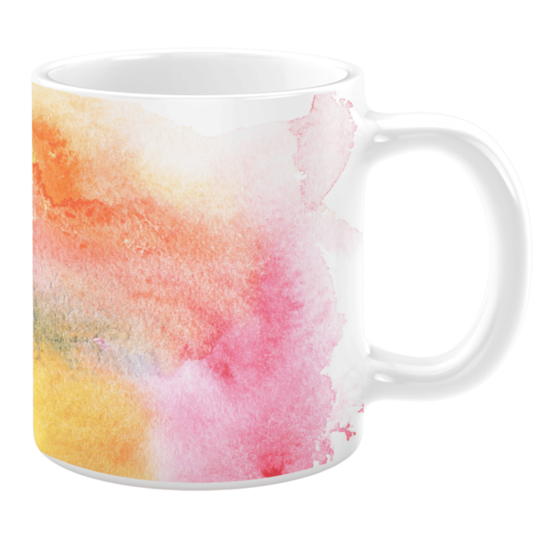 White 11oz ceramic mug featuring a vibrant watercolor design with shades of orange, pink, yellow, and subtle purple, creating a bold and artistic look.