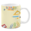 White ceramic 11oz mug featuring a light yellow background adorned with colorful school supplies, including pencils, paper clips, a protractor, an eraser, and geometric stencils, creating a fun and educational design.