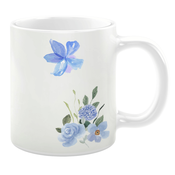 White 11oz ceramic mug featuring delicate watercolor blue flowers with green leaves, arranged at the bottom and a single flower accent near the top for a soft, elegant design.