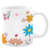White ceramic 11oz mug featuring a cheerful floral pattern with colorful daisies, tulips, and blossoms in blue, orange, and pink hues, accompanied by a cute ladybug and a small snail, set against a crisp white background for a fresh springtime look.