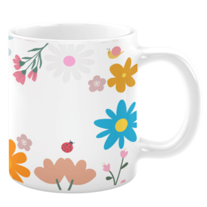 White ceramic 11oz mug featuring a cheerful floral pattern with colorful daisies, tulips, and blossoms in blue, orange, and pink hues, accompanied by a cute ladybug and a small snail, set against a crisp white background for a fresh springtime look.