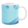 White ceramic 11oz mug with a light blue gradient background featuring abstract wave patterns, circular accents, and flowing white lines.