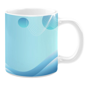 White ceramic 11oz mug with a light blue gradient background featuring abstract wave patterns, circular accents, and flowing white lines.