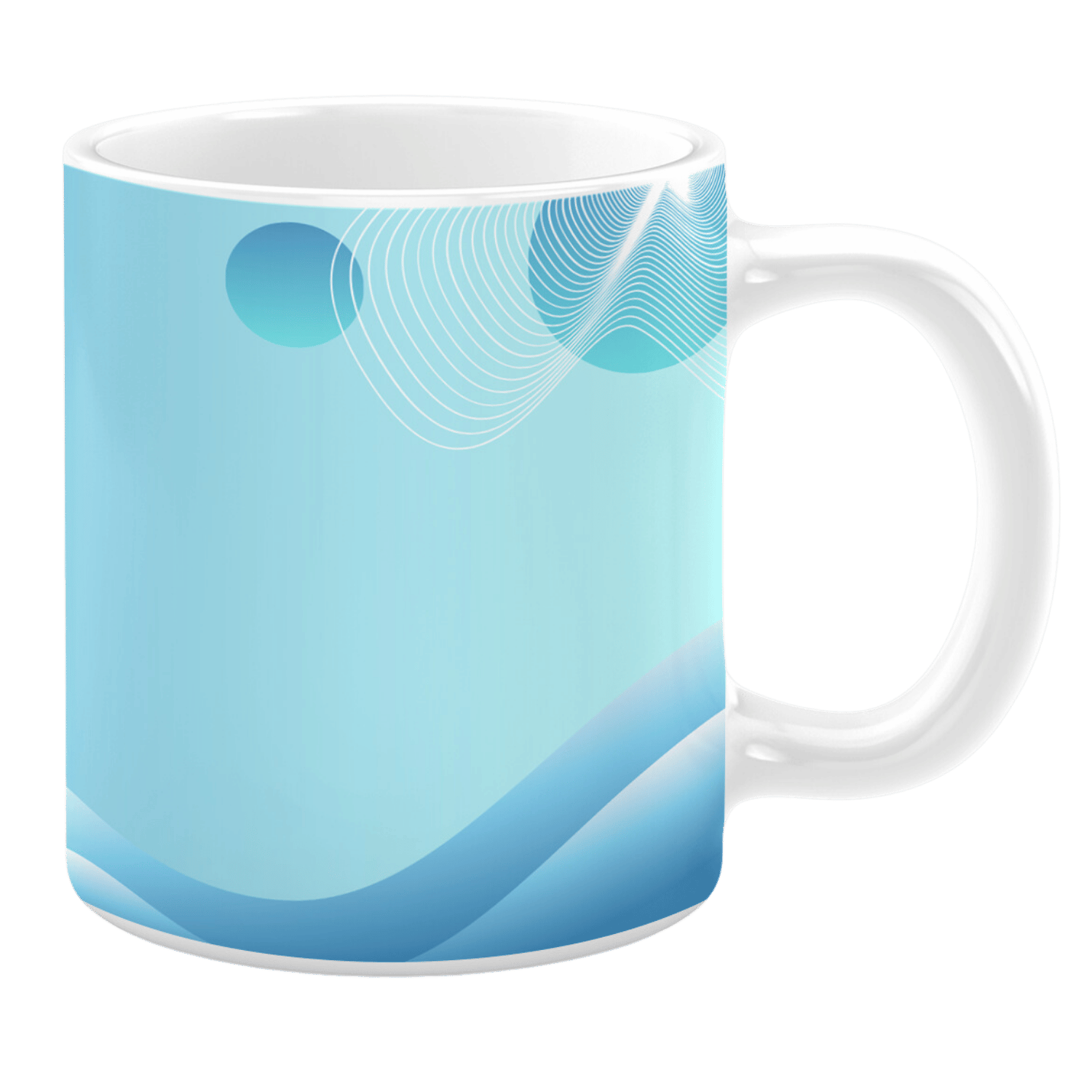 White ceramic 11oz mug with a light blue gradient background featuring abstract wave patterns, circular accents, and flowing white lines.