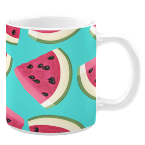 White ceramic 11oz mug featuring a playful pattern of vibrant watermelon slices with pink flesh, black seeds, and green rinds, set against a bright turquoise background, evoking a fresh and summery vibe.