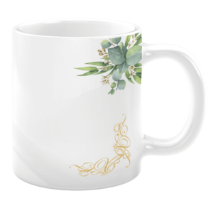 White 11oz ceramic mug with eucalyptus greenery at the top and gold filigree detailing in the bottom corner for a simple, elegant design.