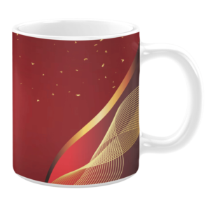 White 11oz ceramic mug featuring a bold red background accented with flowing golden lines and subtle gold confetti details. The elegant design exudes a sense of festivity and sophistication.