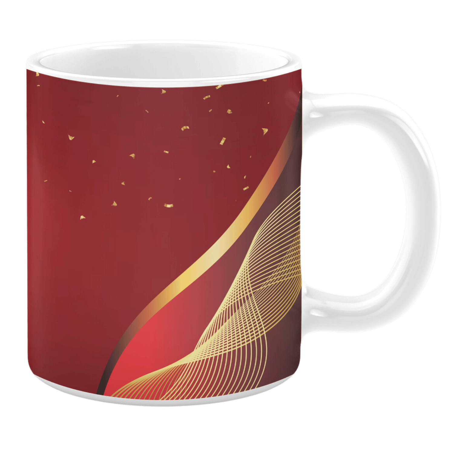 White 11oz ceramic mug featuring a bold red background accented with flowing golden lines and subtle gold confetti details. The elegant design exudes a sense of festivity and sophistication.