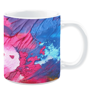 White ceramic 11oz mug featuring a vibrant abstract design with bold swirls and textures in shades of pink, blue, and purple, creating a dynamic and artistic effect.