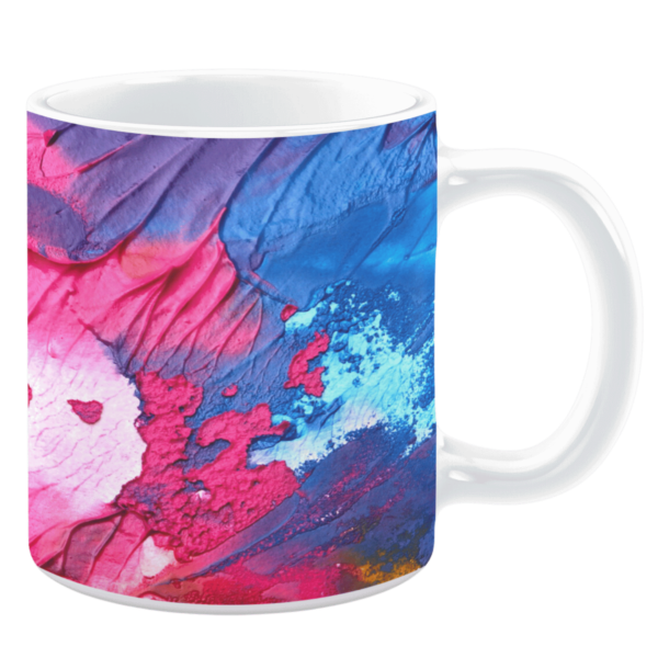 White ceramic 11oz mug featuring a vibrant abstract design with bold swirls and textures in shades of pink, blue, and purple, creating a dynamic and artistic effect.