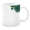 White 11oz ceramic mug featuring a sleek geometric design with green and gold hexagonal shapes and accents. The minimalist layout on a clean white background creates a modern and sophisticated look.