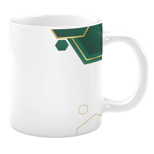 White 11oz ceramic mug featuring a sleek geometric design with green and gold hexagonal shapes and accents. The minimalist layout on a clean white background creates a modern and sophisticated look.