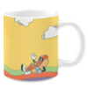 White ceramic 11oz mug featuring a whimsical design of a cheerful hotdog character lounging on colorful wavy stripes, holding a drink, and waving against a bright yellow background with cartoon-style clouds.