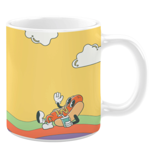 White ceramic 11oz mug featuring a whimsical design of a cheerful hotdog character lounging on colorful wavy stripes, holding a drink, and waving against a bright yellow background with cartoon-style clouds.