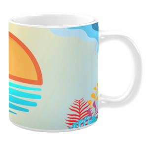 White 11oz ceramic mug featuring a tropical design with a vibrant orange sunset, blue ocean waves, and colorful tropical foliage at the base. The soft gradient background enhances the summery and relaxing vibe.
