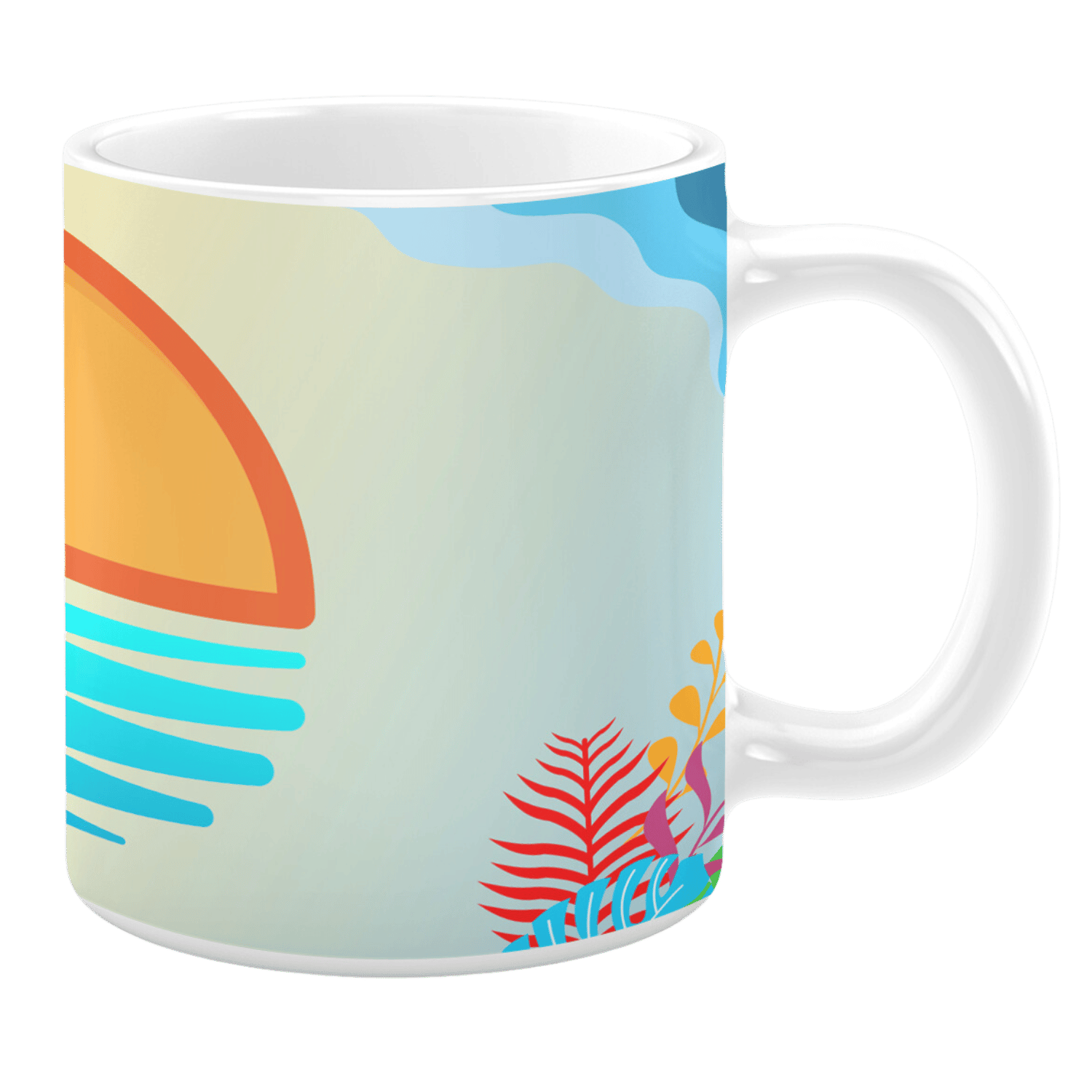 White 11oz ceramic mug featuring a tropical design with a vibrant orange sunset, blue ocean waves, and colorful tropical foliage at the base. The soft gradient background enhances the summery and relaxing vibe.