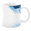 White 11oz ceramic mug featuring a sleek modern design with overlapping blue gradient geometric shapes on a clean white background, creating a dynamic and professional look.