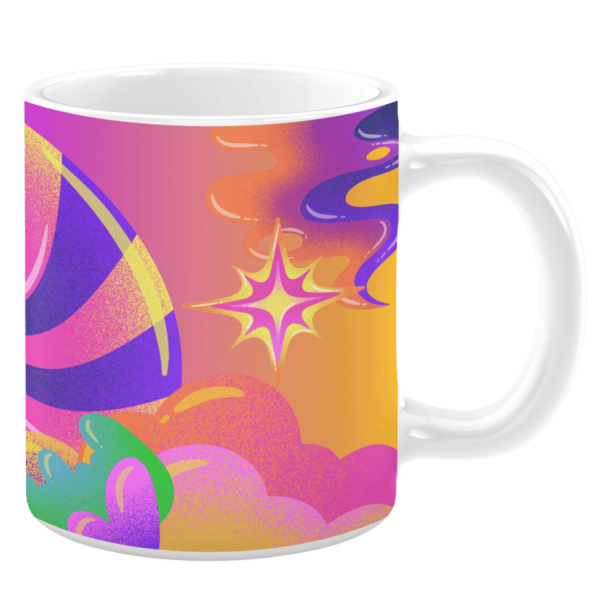 White ceramic 11oz mug featuring a vibrant psychedelic design with swirling purple, orange, and pink patterns, bold starbursts, and colorful abstract clouds, evoking a playful and energetic retro aesthetic.