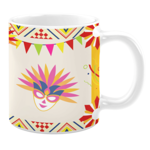 White 11oz ceramic mug featuring a vibrant carnival-inspired design. The artwork includes a colorful mask with feather accents, festive banners, geometric patterns, and confetti details, creating a lively and celebratory aesthetic.