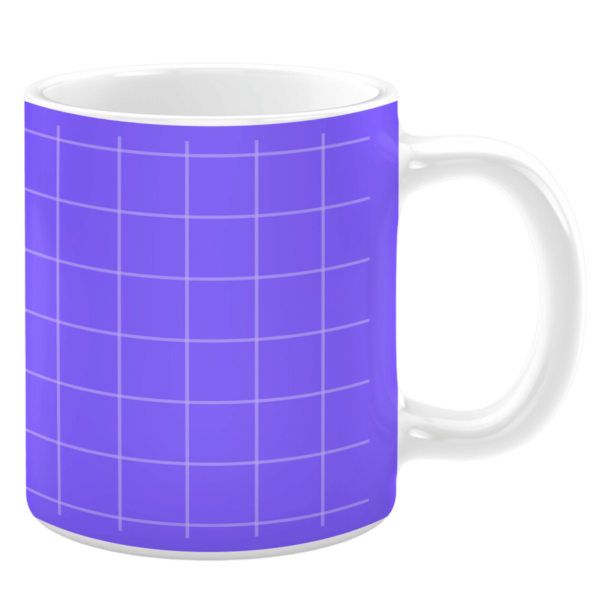 White ceramic 11oz mug featuring a simple and modern design with a purple background and a clean white grid pattern, creating a sleek and minimalist aesthetic.