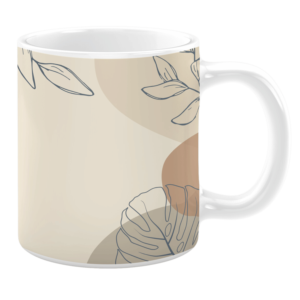 White 11oz ceramic mug featuring a minimalist design with soft beige and tan tones. The artwork includes delicate line drawings of leaves and subtle overlapping shapes, creating a calming and modern aesthetic.