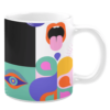White ceramic 11oz mug featuring a bold, abstract design with vibrant geometric shapes, a colorful open mouth with a pink tongue, and a stylized eye, blending modern art and pop culture elements on a split black-and-white background.