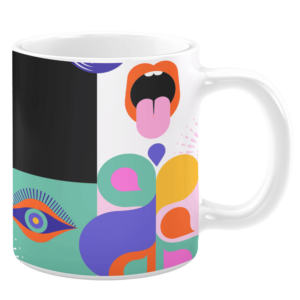 White ceramic 11oz mug featuring a bold, abstract design with vibrant geometric shapes, a colorful open mouth with a pink tongue, and a stylized eye, blending modern art and pop culture elements on a split black-and-white background.