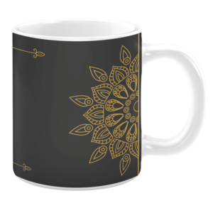 White 11oz ceramic mug featuring an elegant black background adorned with a detailed golden mandala design. The intricate pattern is complemented by subtle decorative flourishes, creating a sophisticated and artistic look.