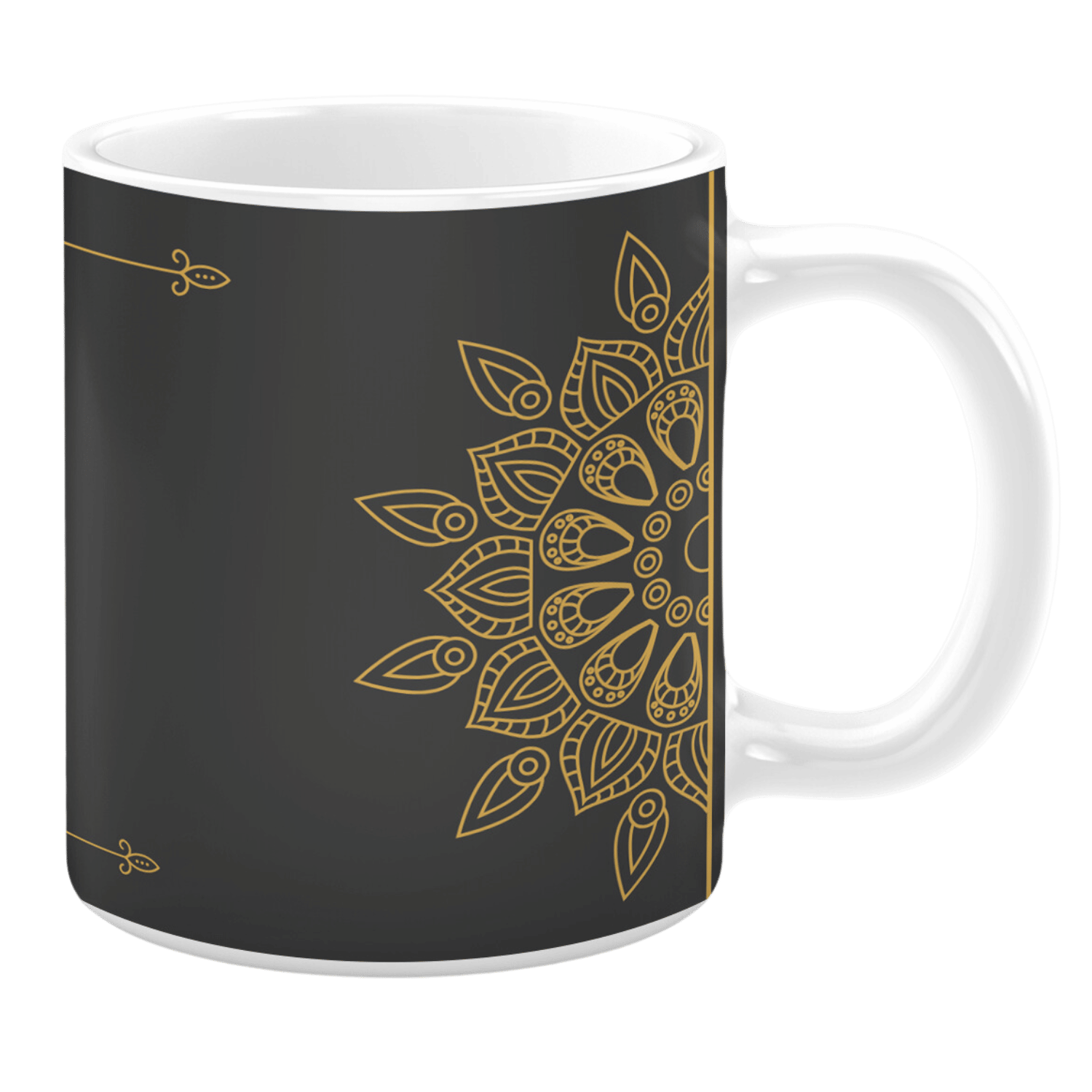 White 11oz ceramic mug featuring an elegant black background adorned with a detailed golden mandala design. The intricate pattern is complemented by subtle decorative flourishes, creating a sophisticated and artistic look.