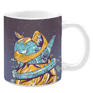 White ceramic 11oz mug featuring a vibrant illustration of an orange cat wearing futuristic blue and silver space gear, set against a cosmic background with floating asteroids and stars, blending sci-fi and feline charm.