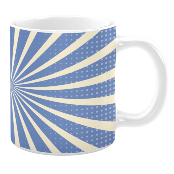 White 11oz ceramic mug featuring a retro-inspired design with cream and blue radial sunburst patterns. The background includes a dotted texture, creating a bold and dynamic visual effect.