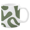 White ceramic 11oz mug featuring an abstract design with organic, flowing shapes in olive green against a crisp white background, creating a modern and minimalist aesthetic.