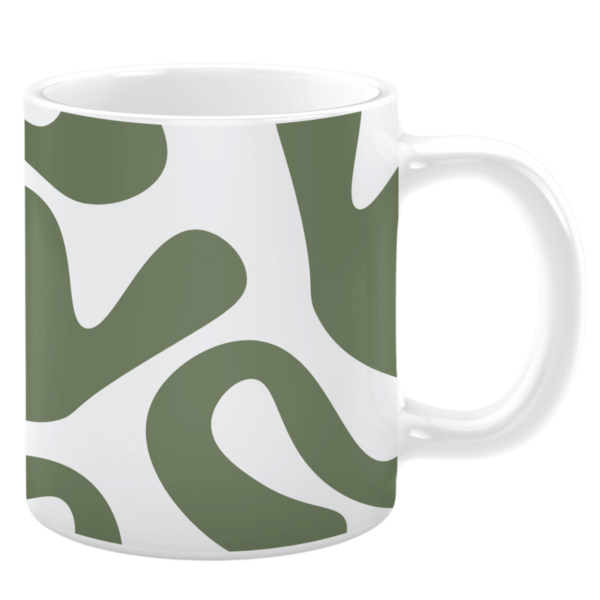 White ceramic 11oz mug featuring an abstract design with organic, flowing shapes in olive green against a crisp white background, creating a modern and minimalist aesthetic.