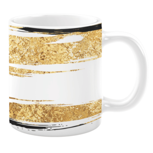 White 11oz ceramic mug featuring a bold abstract design with gold-textured brushstrokes accented by black streaks on a white background, creating a modern and luxurious look.